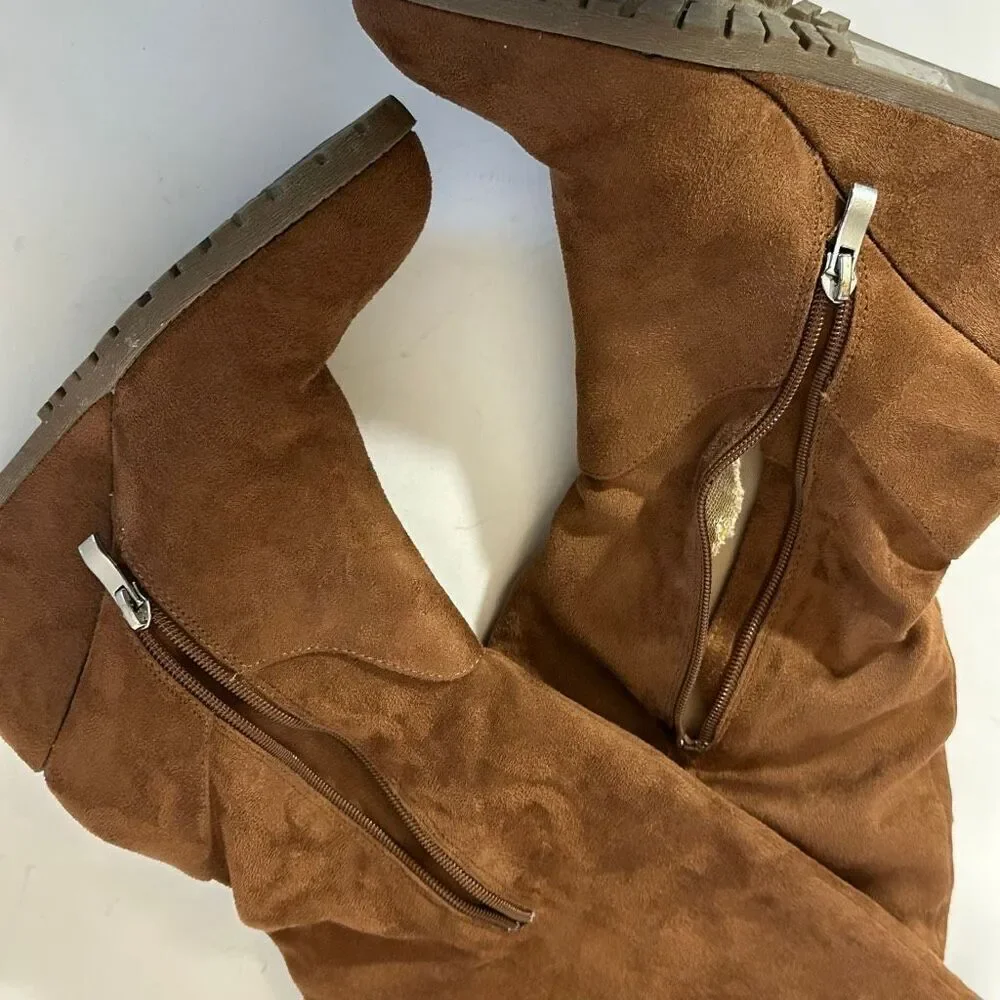Journee Collection Women’s Micro Suede Knee High Wedge Boots Brown/Tan Faux Sued